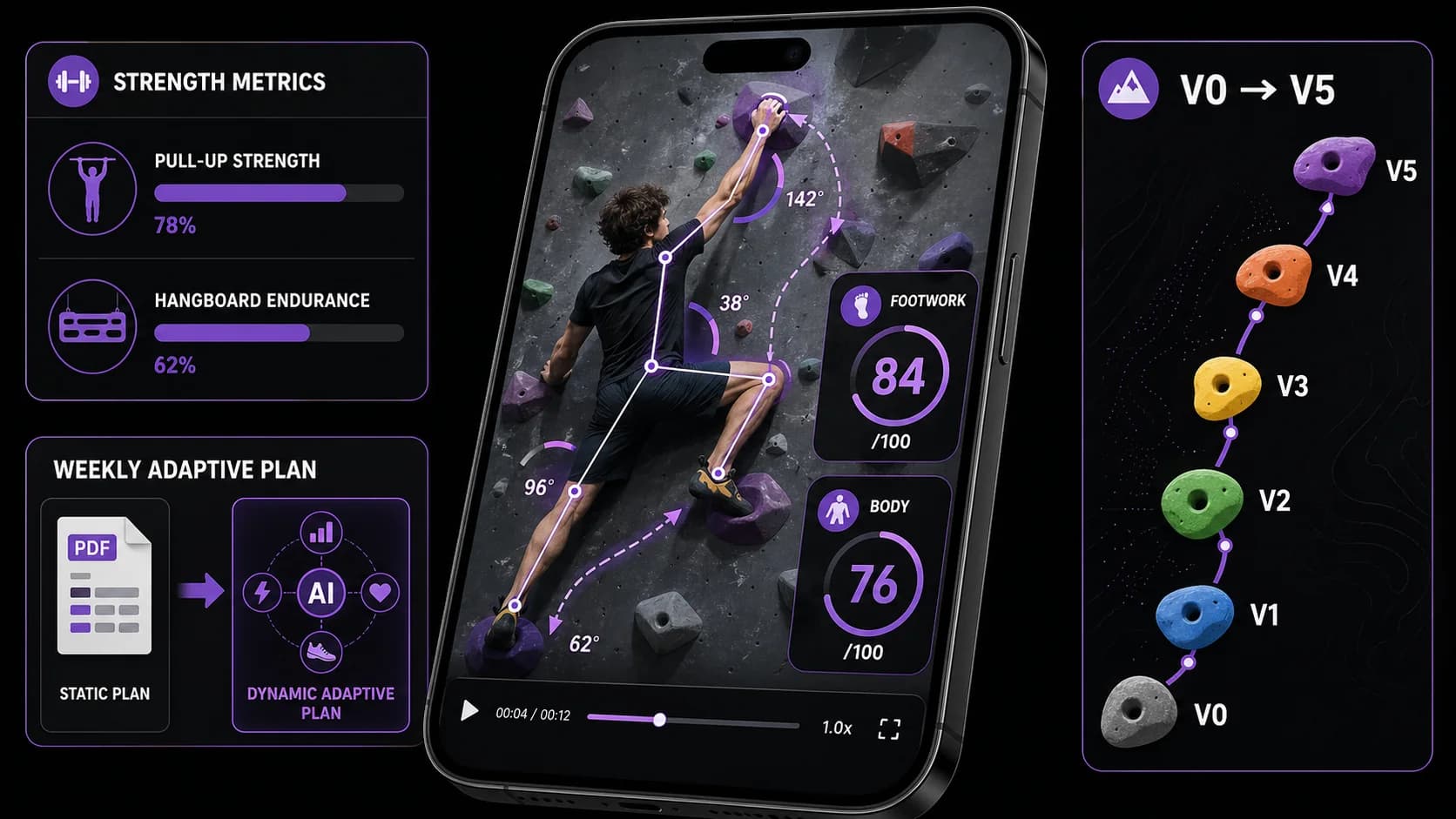 A side-on view of a beginner climber on a steep board, focused on heel-hook engagement and hip rotation.