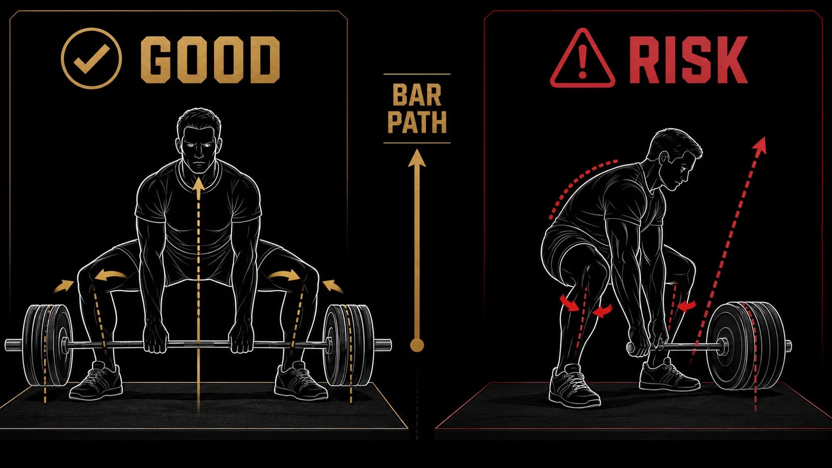 A side-by-side comparison of correct vs. incorrect sumo deadlift setup, highlighting back rounding and knee position.