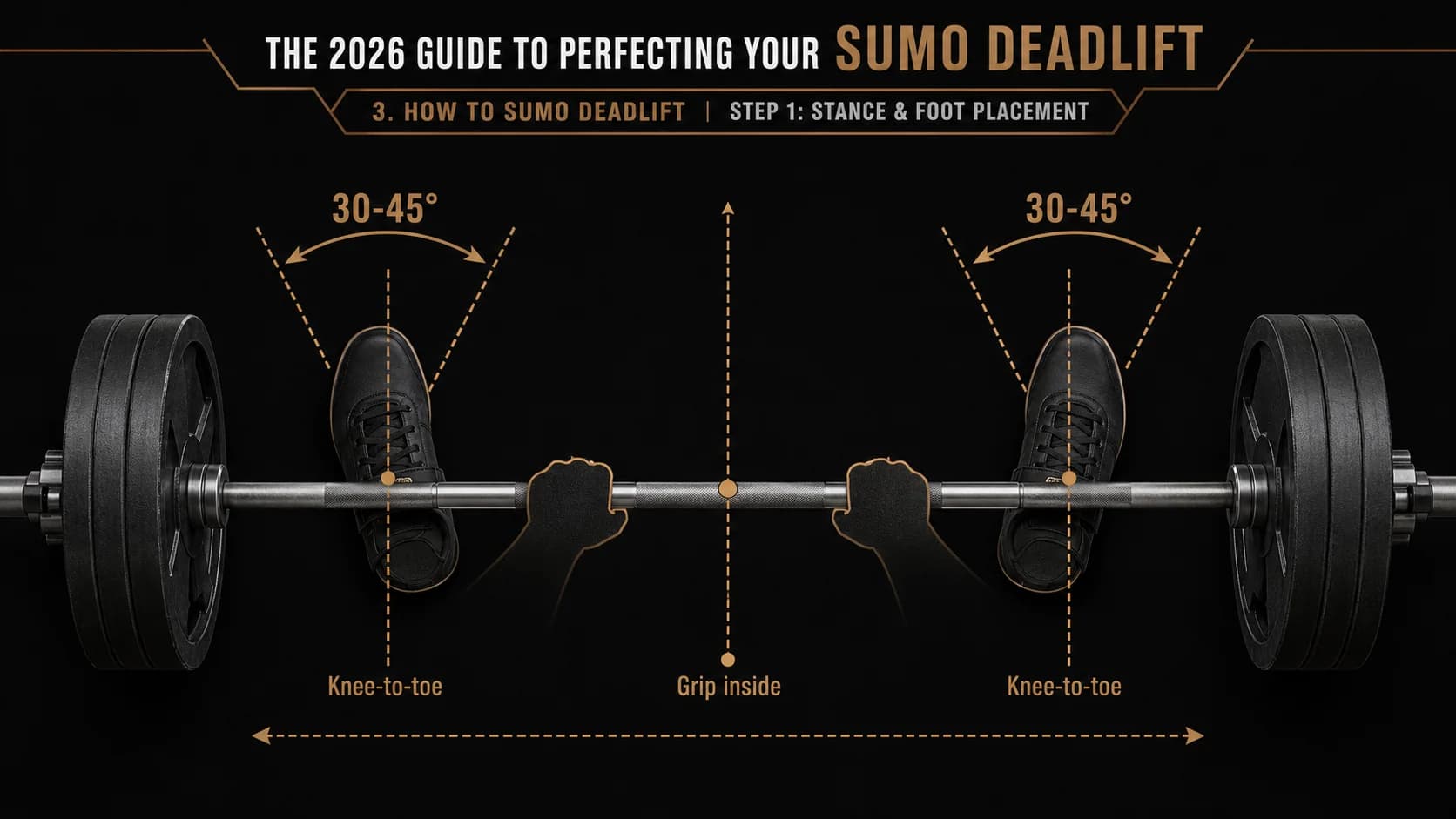 A top-down view of the foot and hand placement for a sumo deadlift, with lines showing alignment from knee to toe.