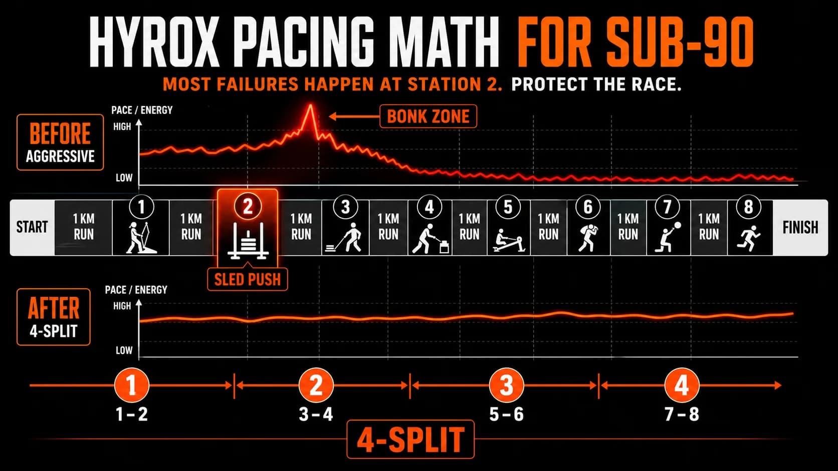 The Hyrox Pacing Math: Why 80% of Sub-90 Attempts Bonk on the Sled (and the 4-Split Solution)