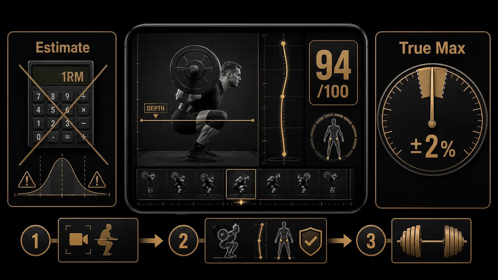 A screenshot of Titans Grip Powerlifting AI app showing a squat analysis with frame-by-frame breakdown, depth measurement, bar path tracking, and a score of 94/100